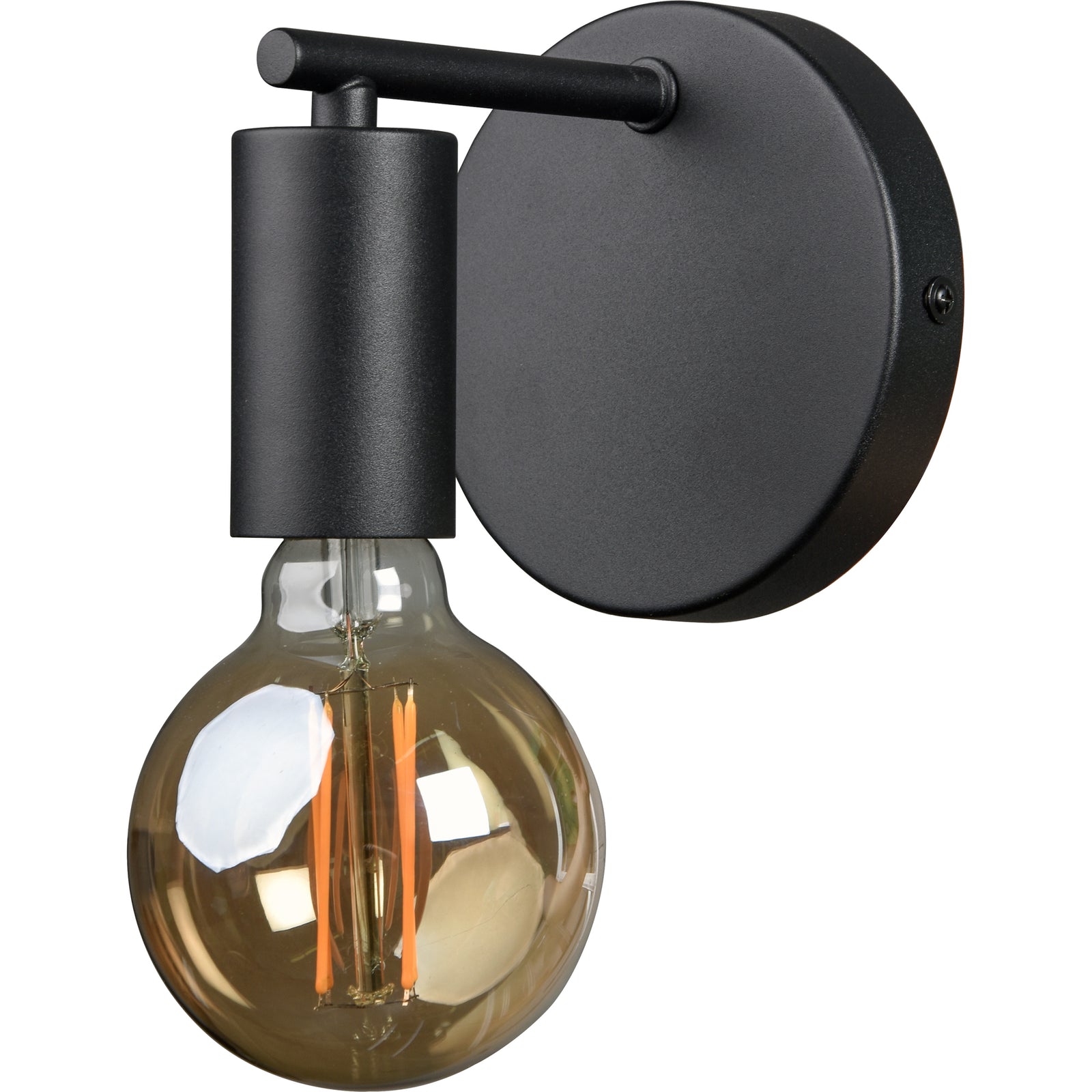 Think Wall Sconce in black finish with a round backplate and a clear glass bulb.