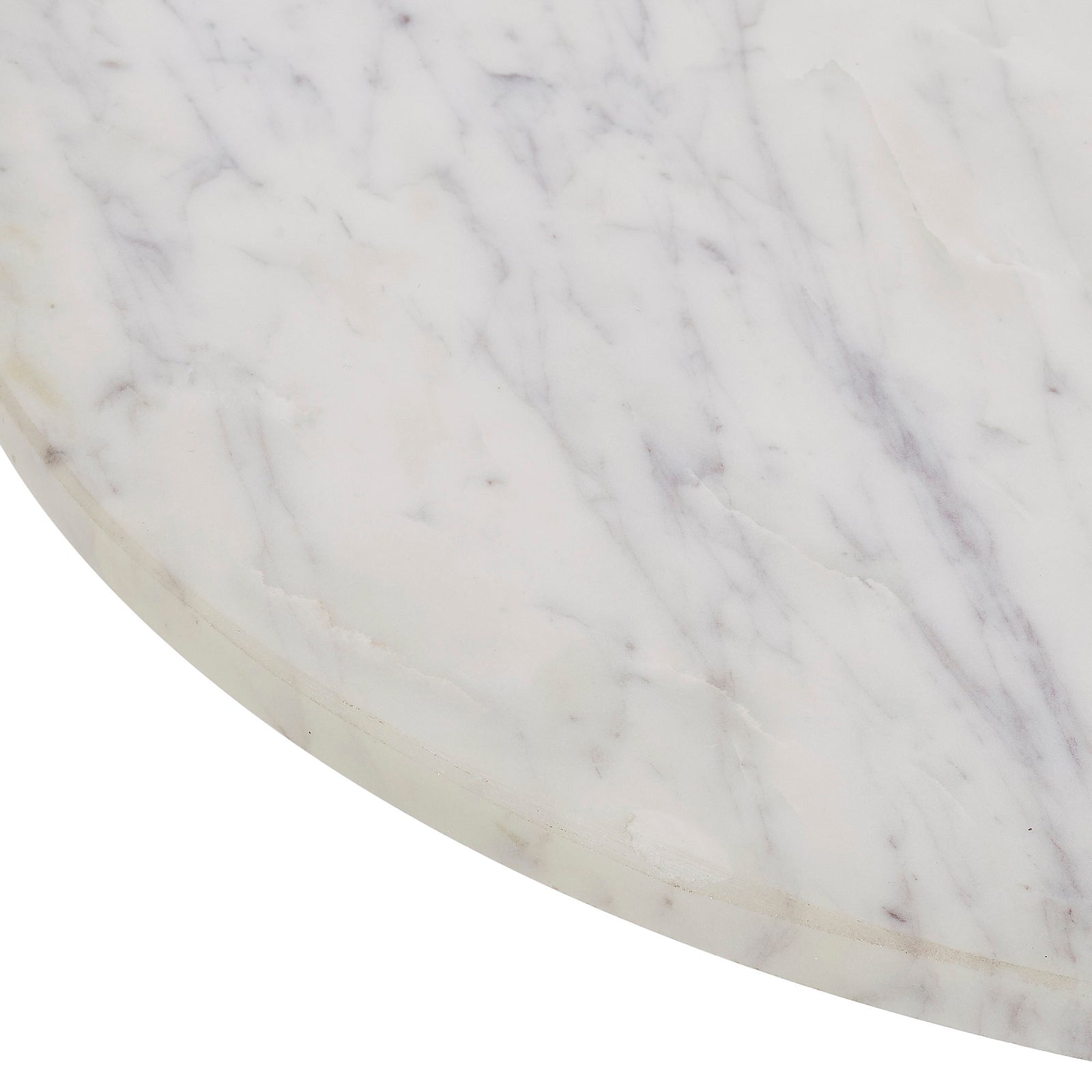 Corrine Table with round white marble top and black base featuring a spherical design