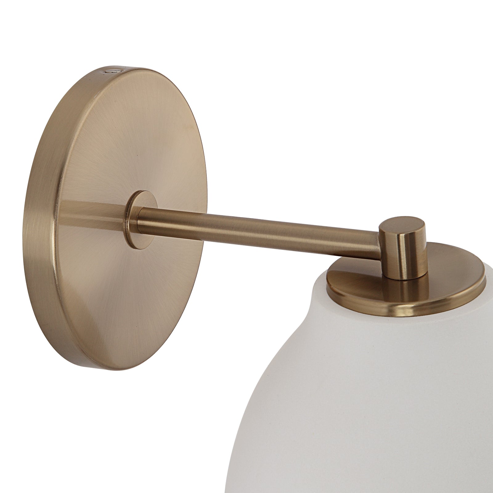 Mazia Wall Sconce with a white shade and brass arm, side view