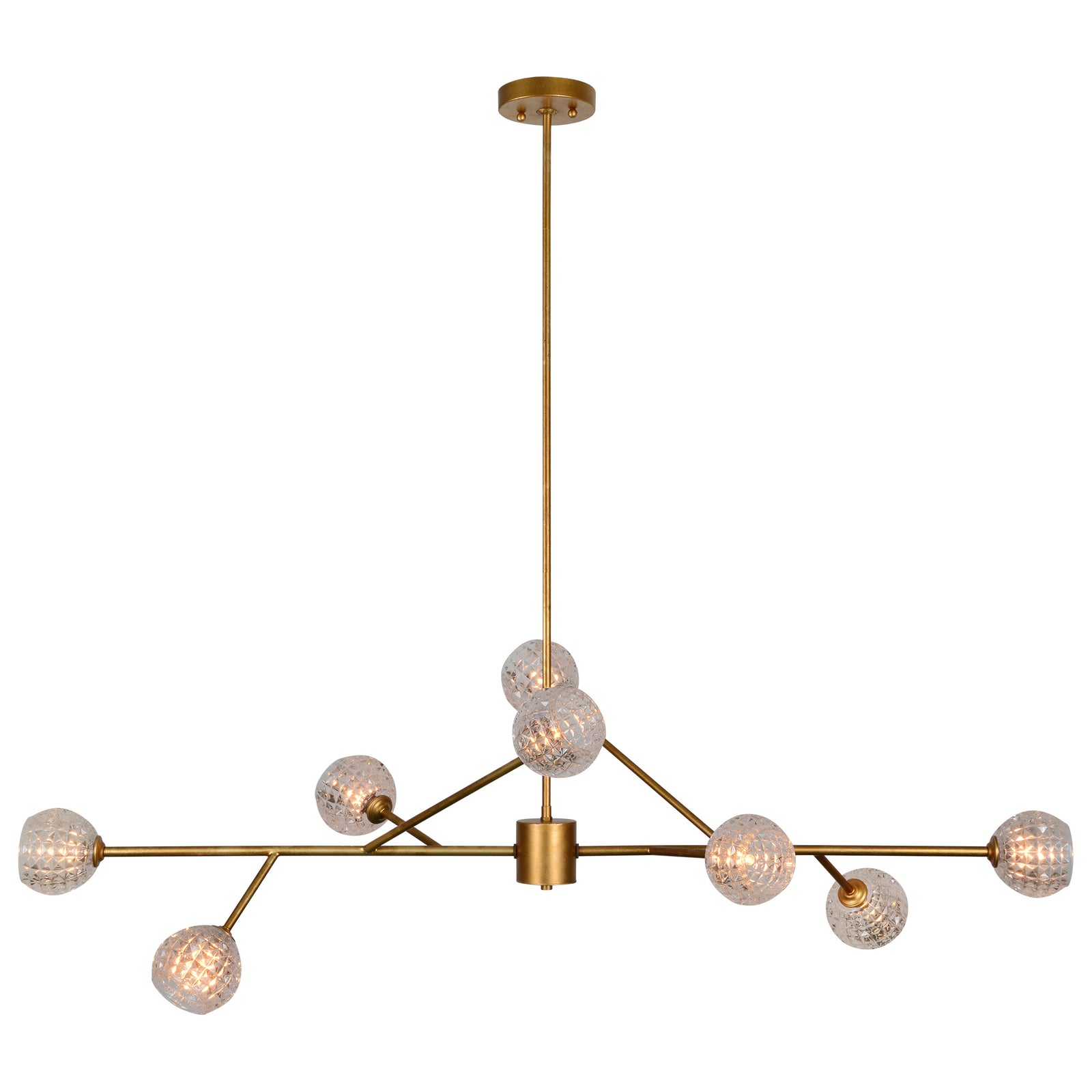 Damas Ceiling Fixture in gold finish with eight clear glass globes, modern design, hanging from a ceiling mount.