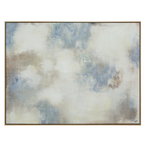 Bellis canvas art featuring soft blue and beige abstract patterns with a gold frame.