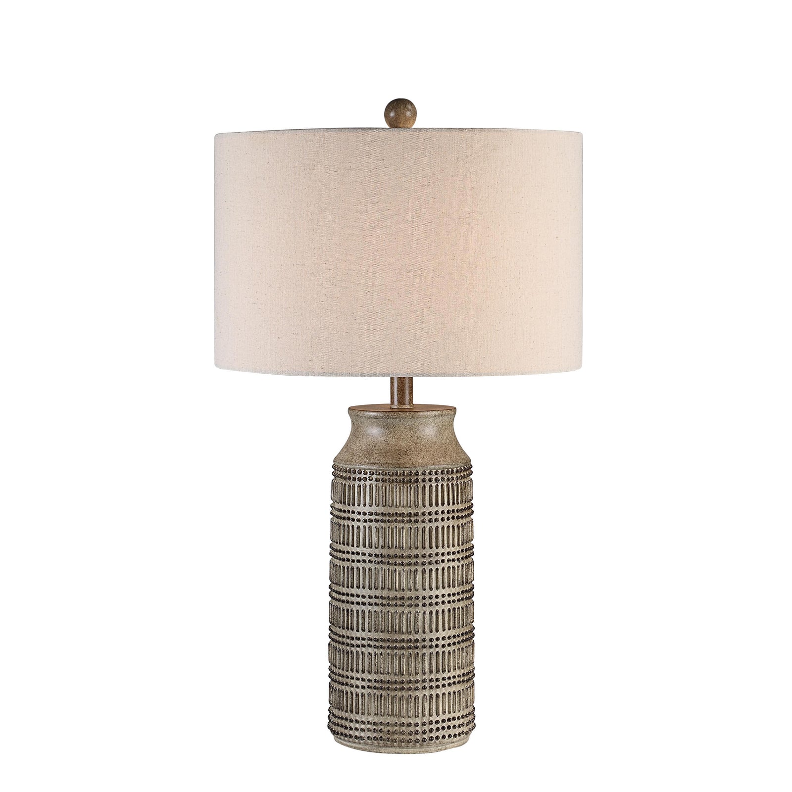 Tarragona Table Lamp with a textured gray ceramic base and a beige fabric shade.
