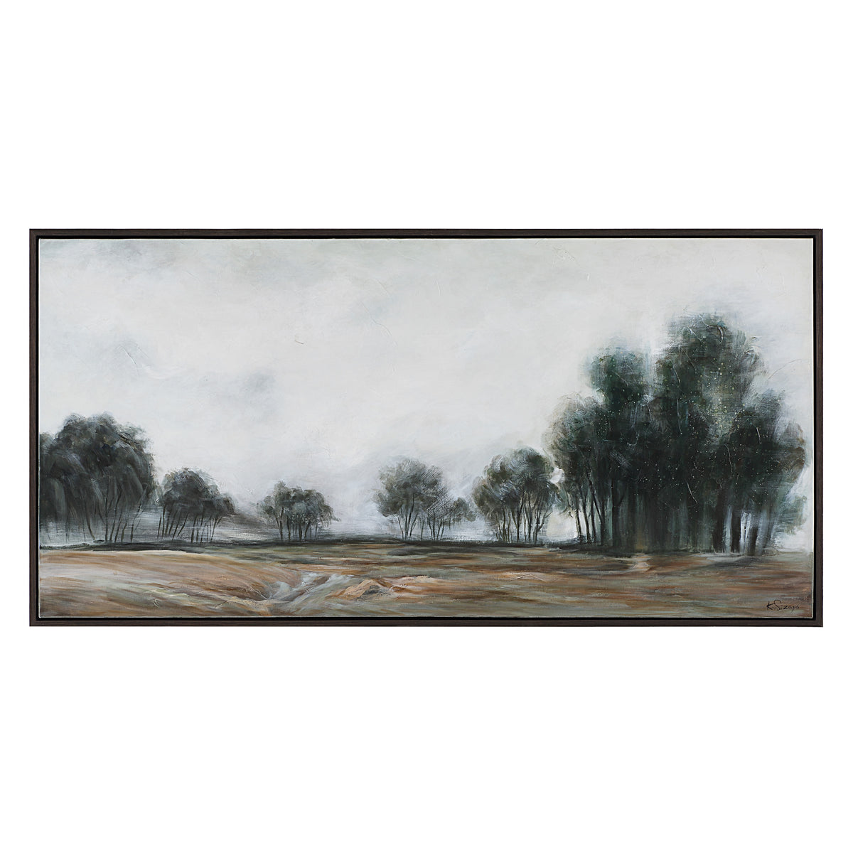 Westside canvas art featuring a serene landscape with trees and muted colors.