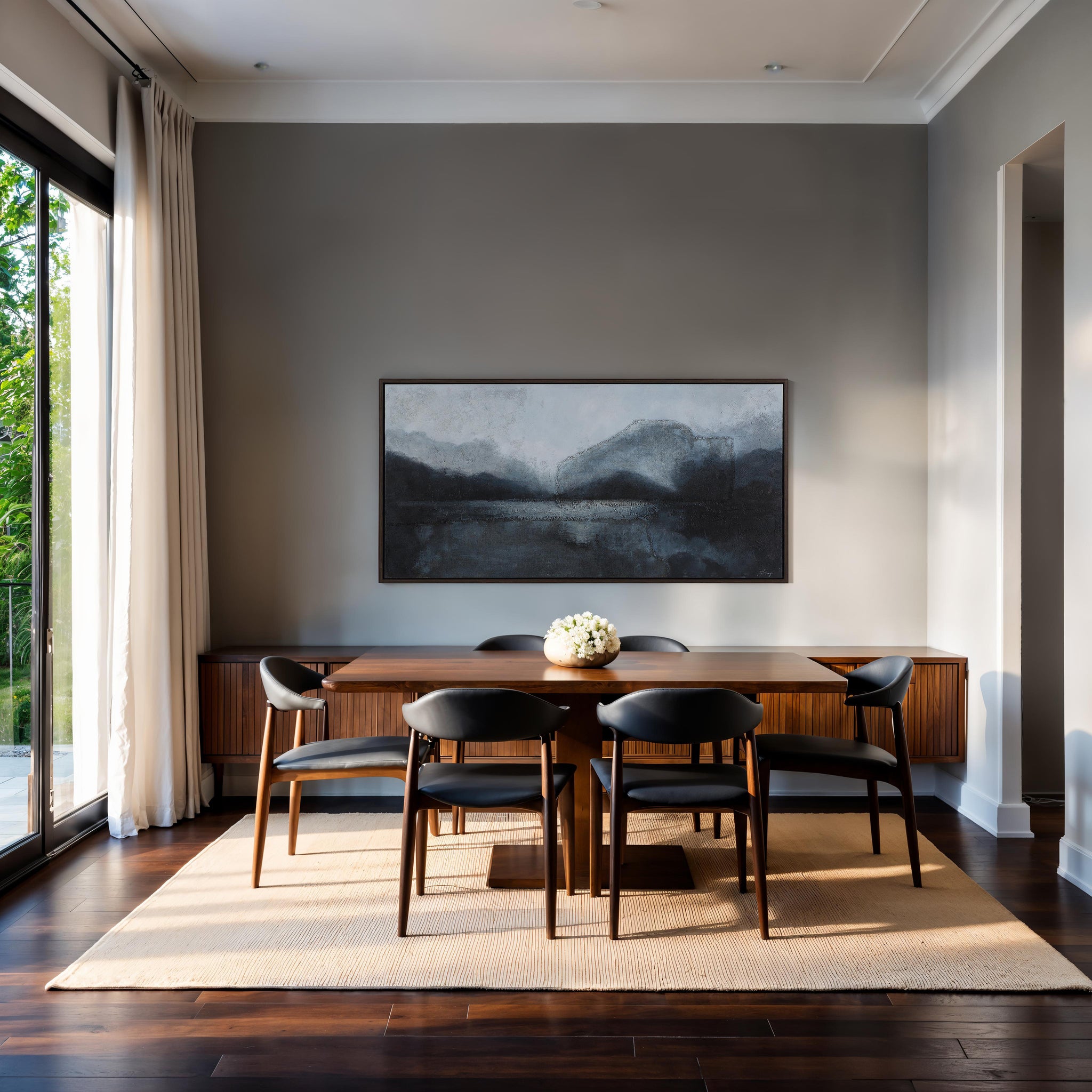 Atlanta canvas art displayed in a modern dining room with wooden furniture.
