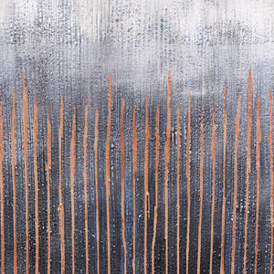 Close-up of Flynn canvas art highlighting vertical copper lines on a textured gray and black surface.