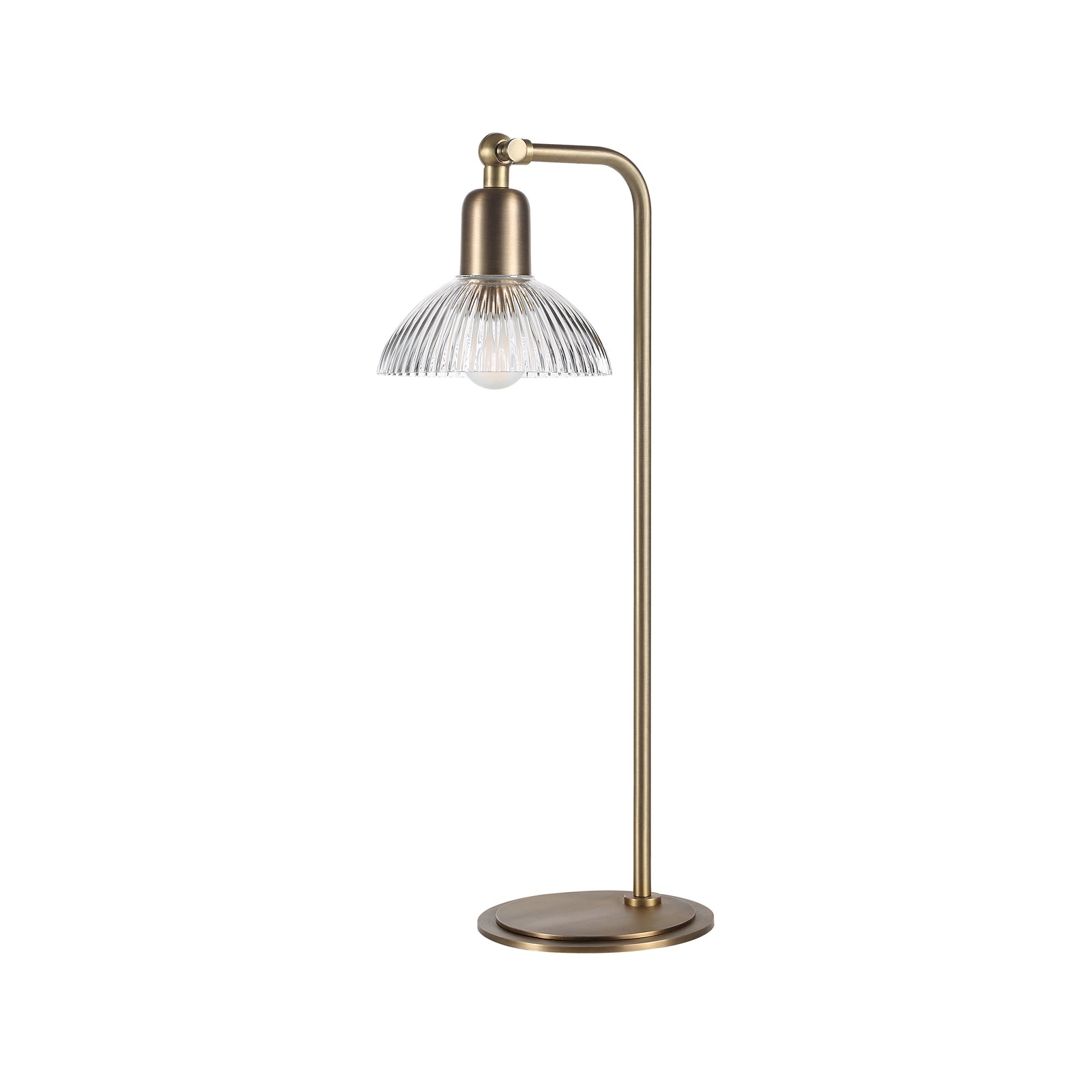 Samos table lamp with a clear glass shade and brass finish, showcasing a modern design.