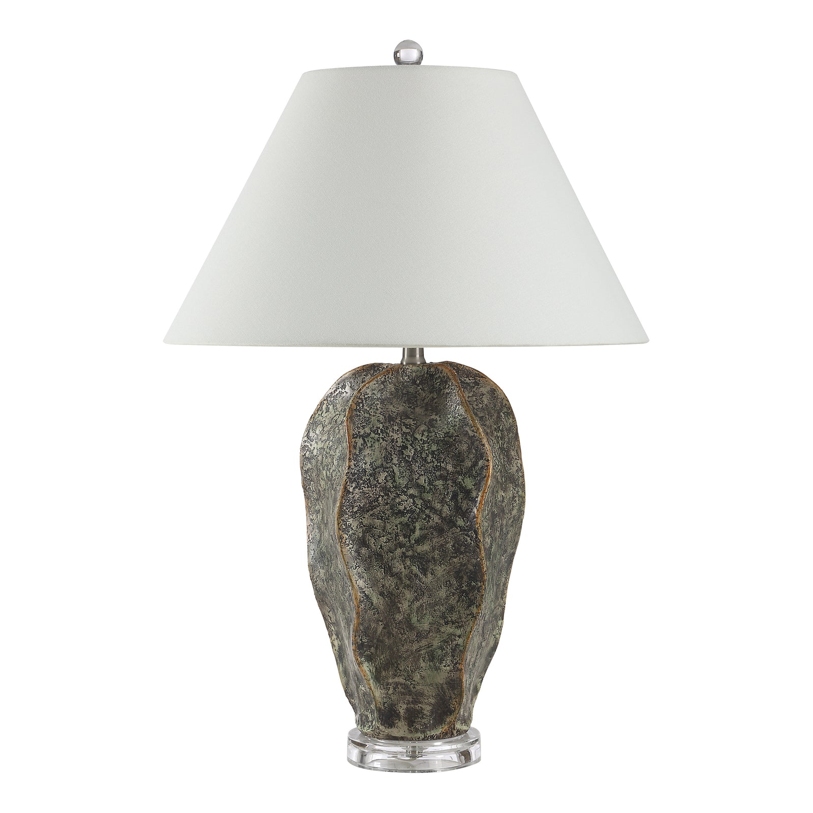 Poppi table lamp with a textured green ceramic base and white fabric shade