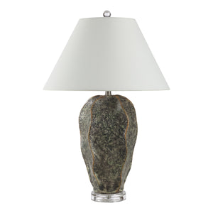 Poppi table lamp featuring a unique green ceramic base and white conical shade