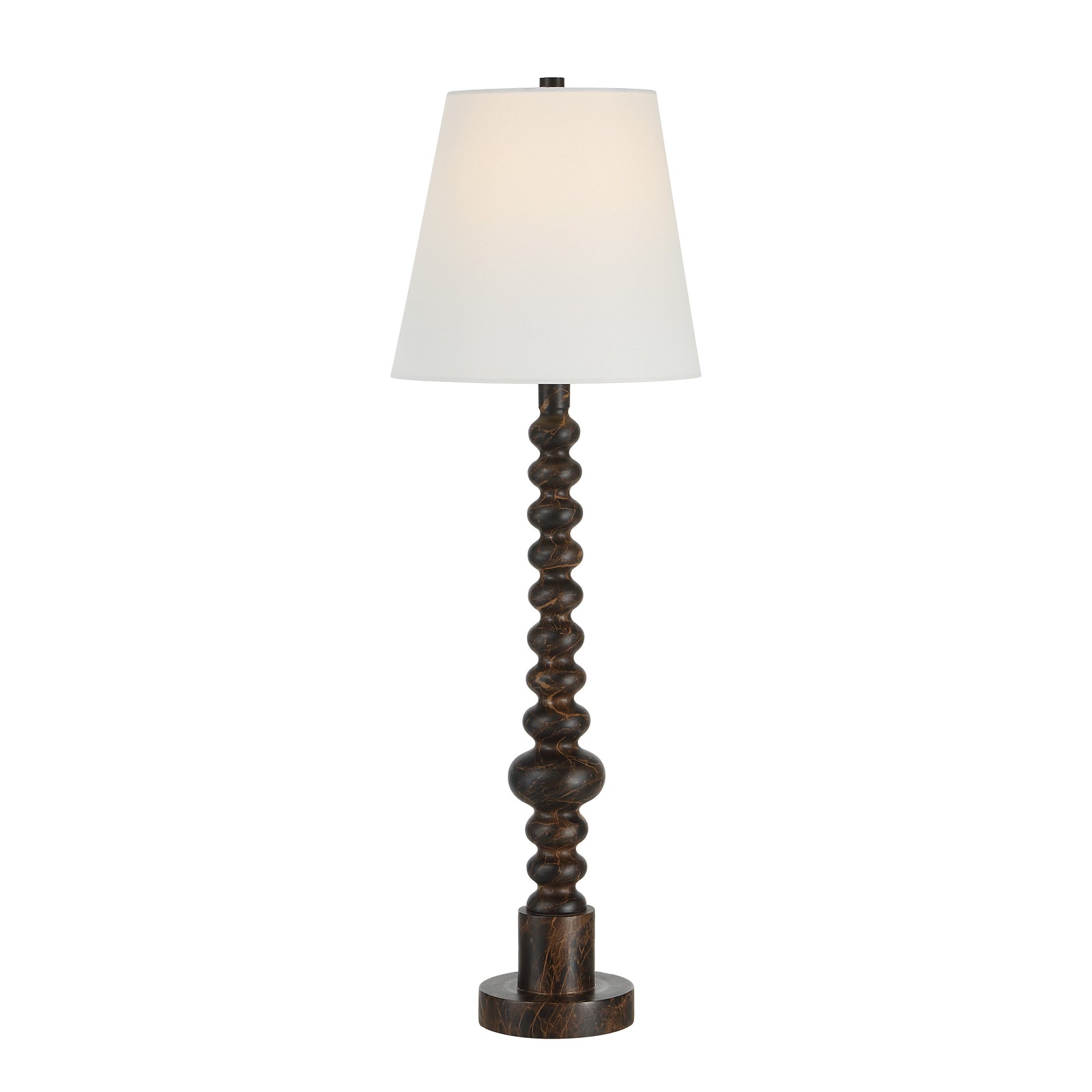 Famar Table Lamp with a textured dark wood base and a white fabric shade