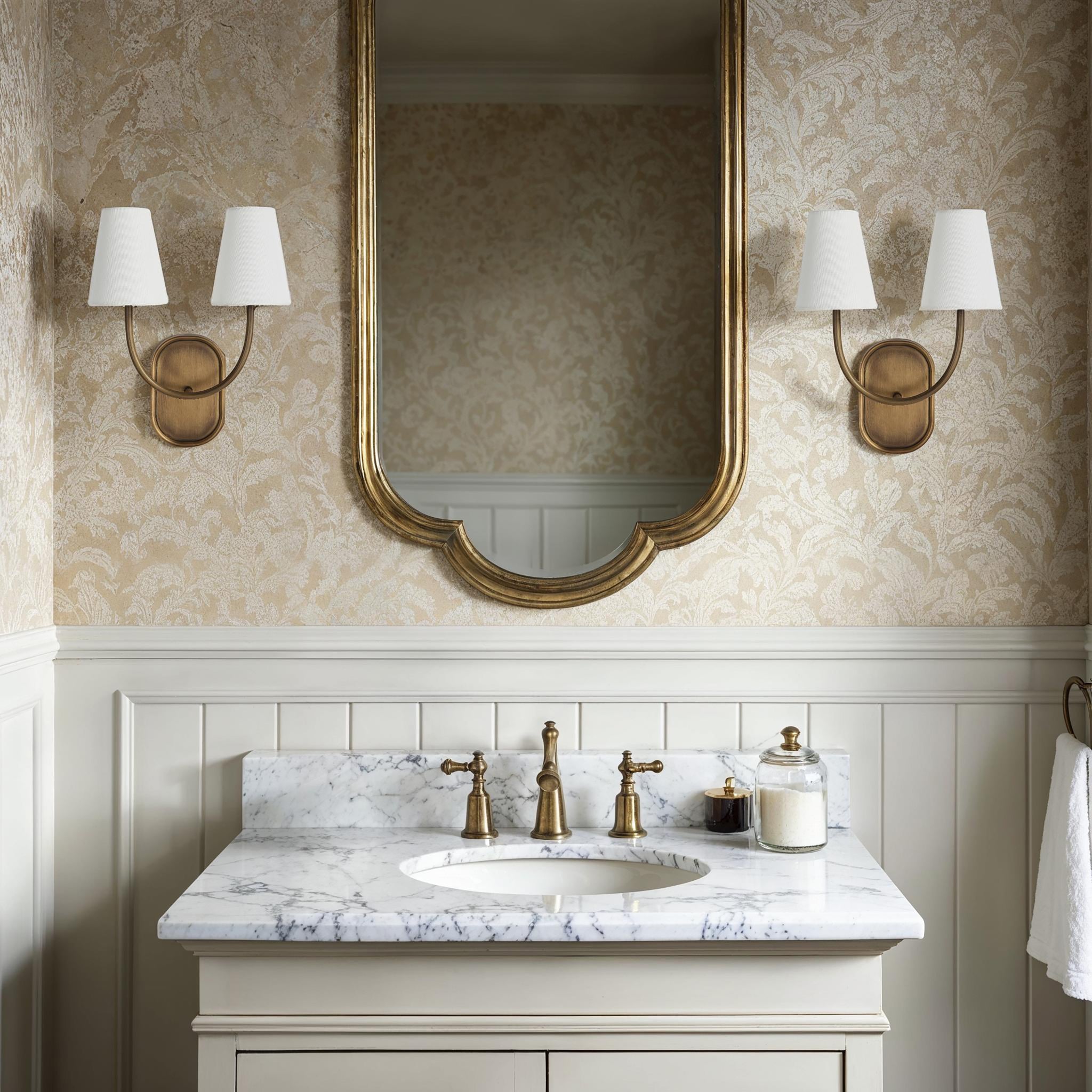 Maddie wall sconce installed in a bathroom with a marble countertop and mirror