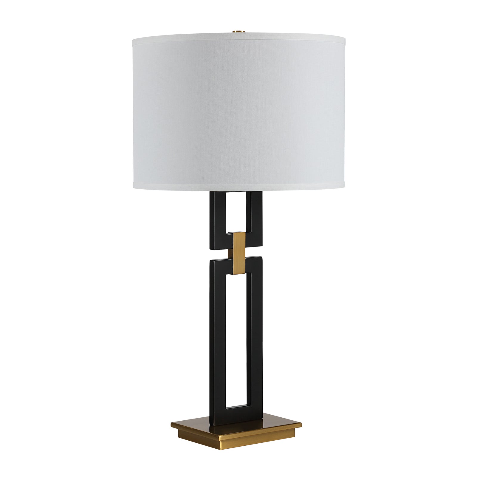 Lila Table Lamp with a white drum shade, black geometric base, and gold accents.