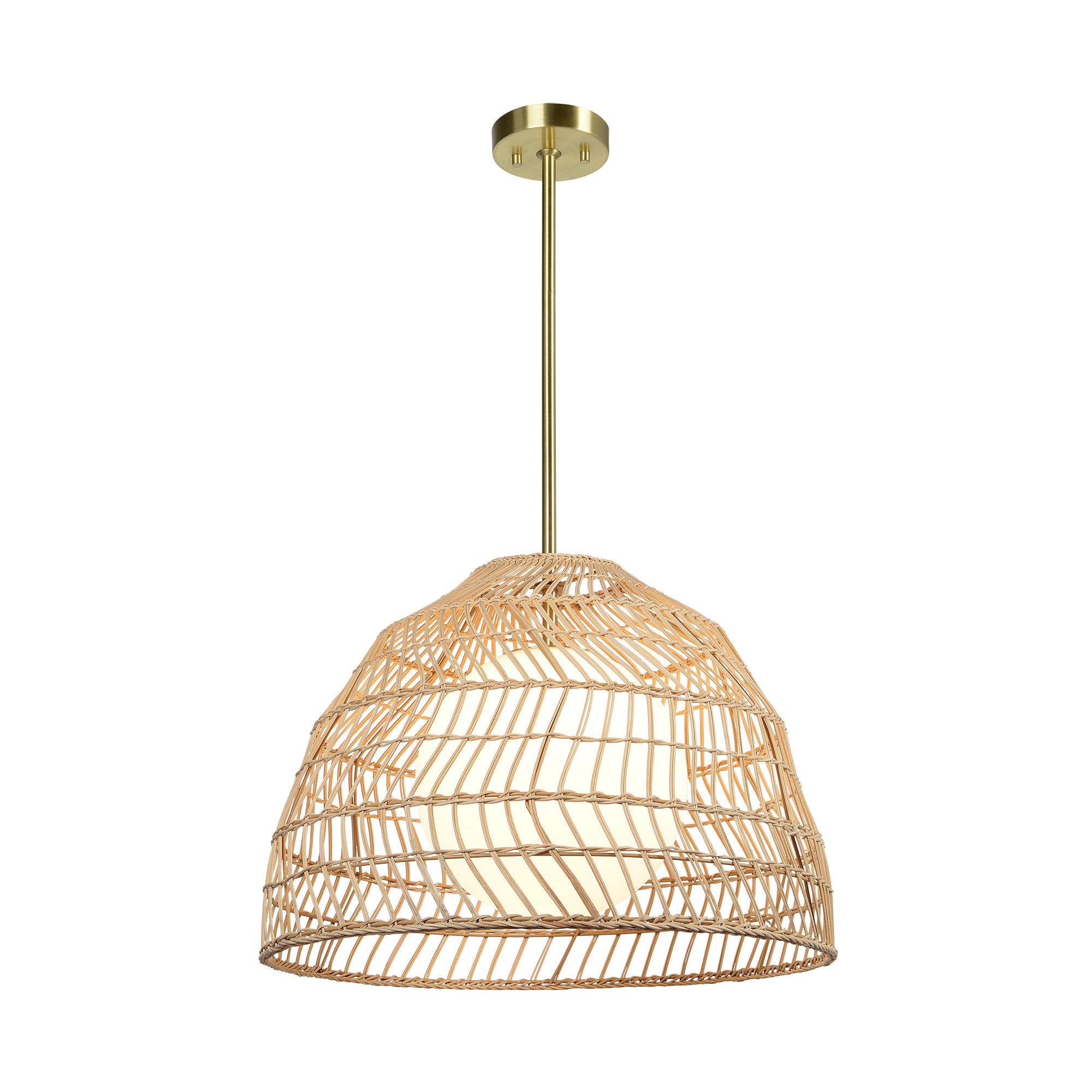 Palm Ceiling Fixture showcasing a rattan design with white globe light, side view.