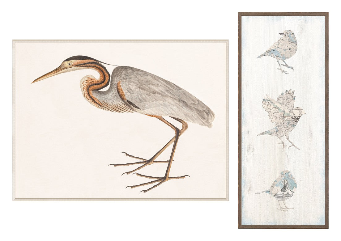 Purple Heron & Vintage Map Bird Panel Pair Bundle - composite