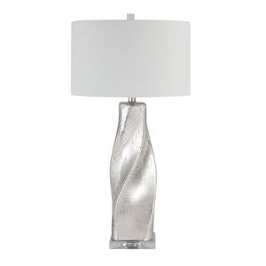 Lyons table lamp featuring a silver textured base and white shade