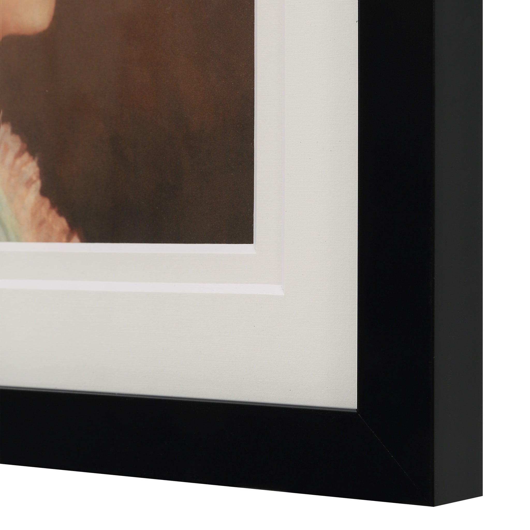 Close-up of Madeleine canvas art frame, featuring black border and white matting