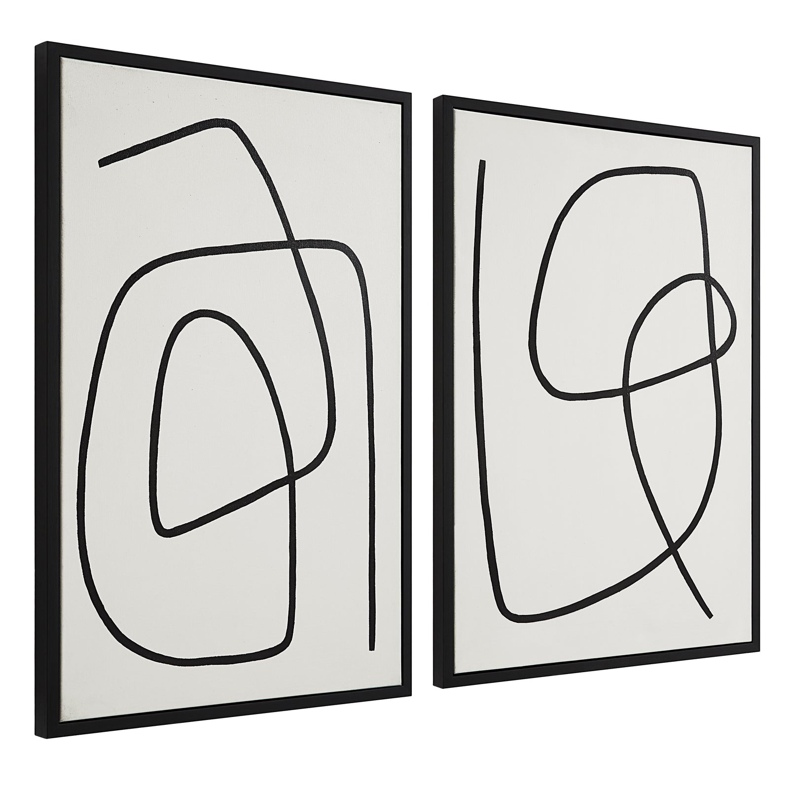 Moreau canvas art featuring abstract black line designs on a white background, framed in black.