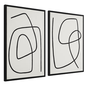 Moreau canvas art showing two abstract black line artworks on white canvas, framed in black.