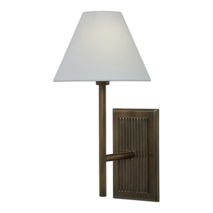Solaria wall sconce angled view, featuring a white shade and bronze finish with vertical ribbed pattern.
