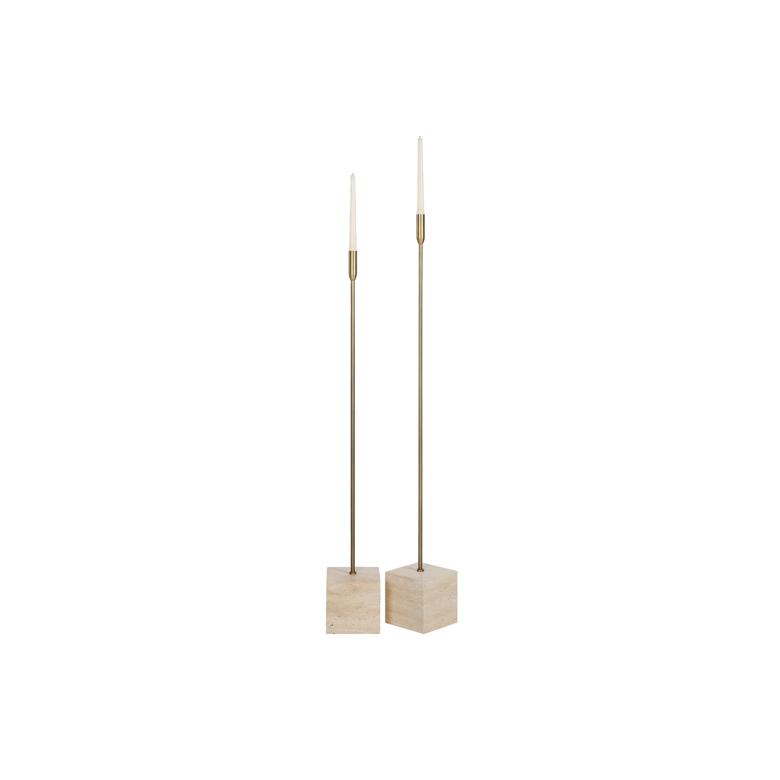Chambers candle holder set with two tall brass candle holders on beige stone bases