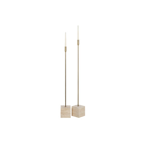 Chambers candle holder set with two tall brass candle holders on beige stone bases