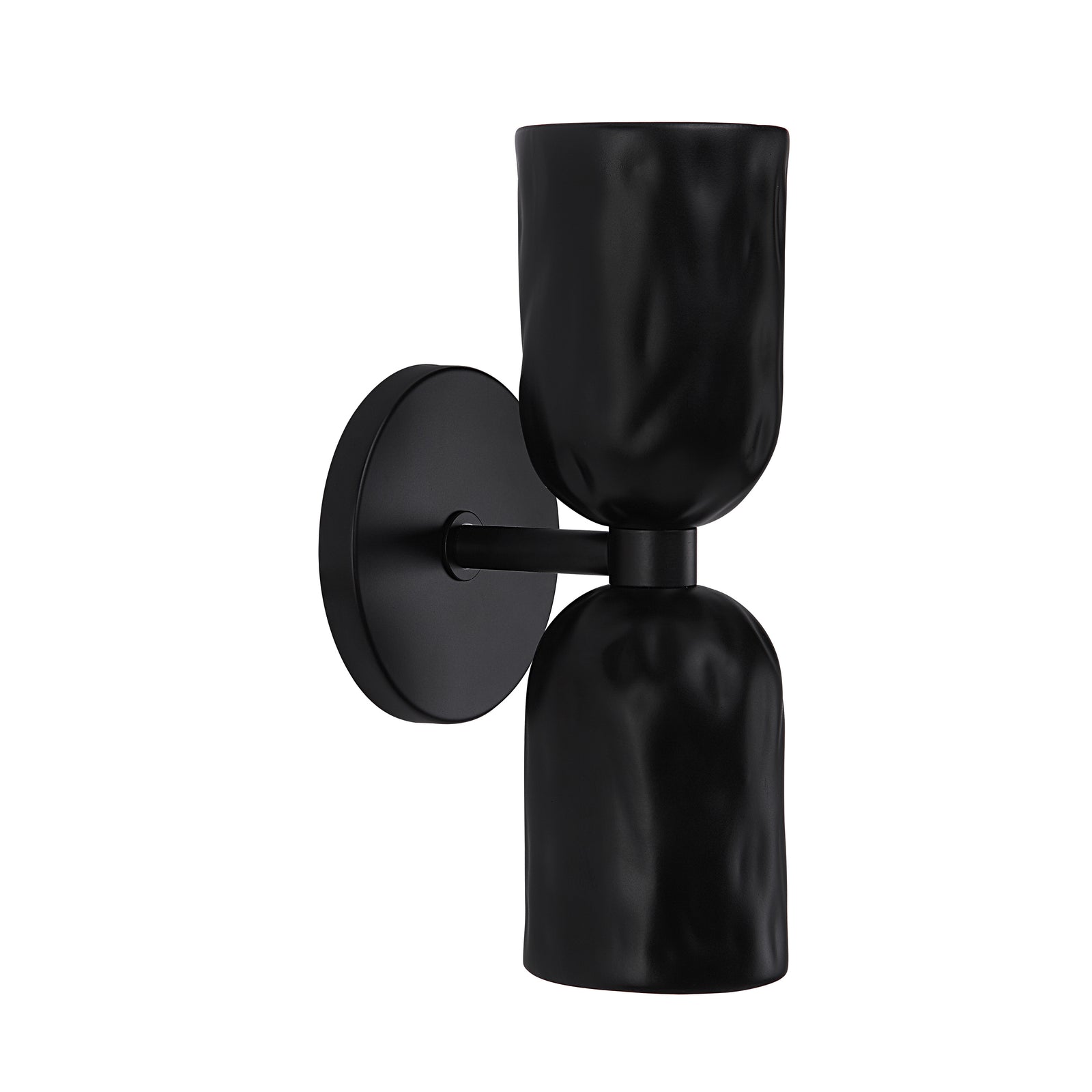 Alessia wall sconce in black with a textured, sculptural design and round backplate.