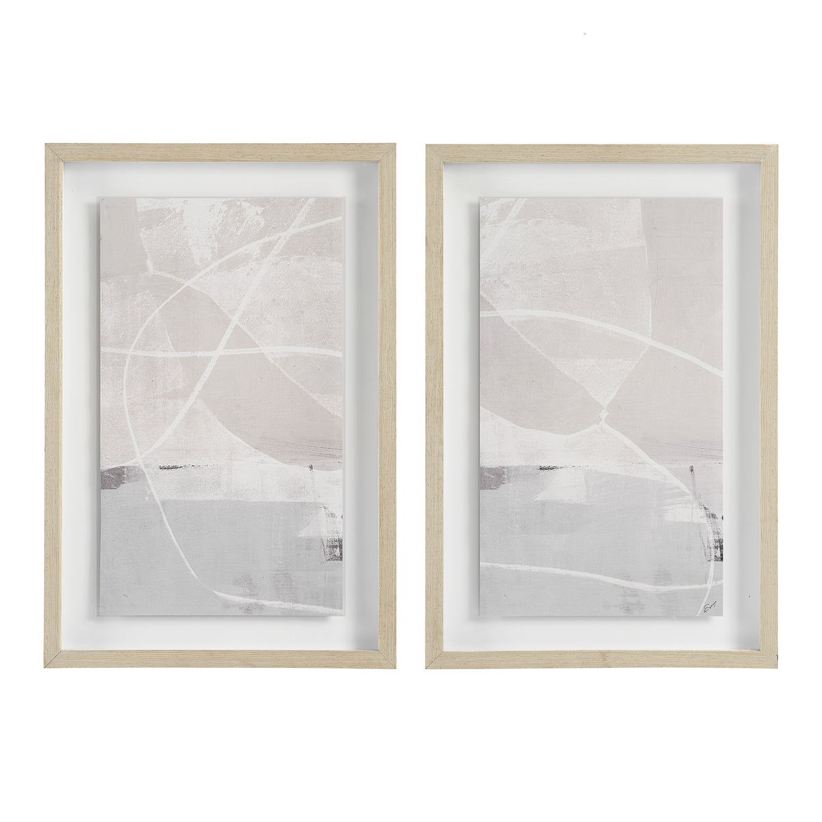 Rovereto Wall Decor featuring two abstract framed artworks in soft beige and gray tones.
