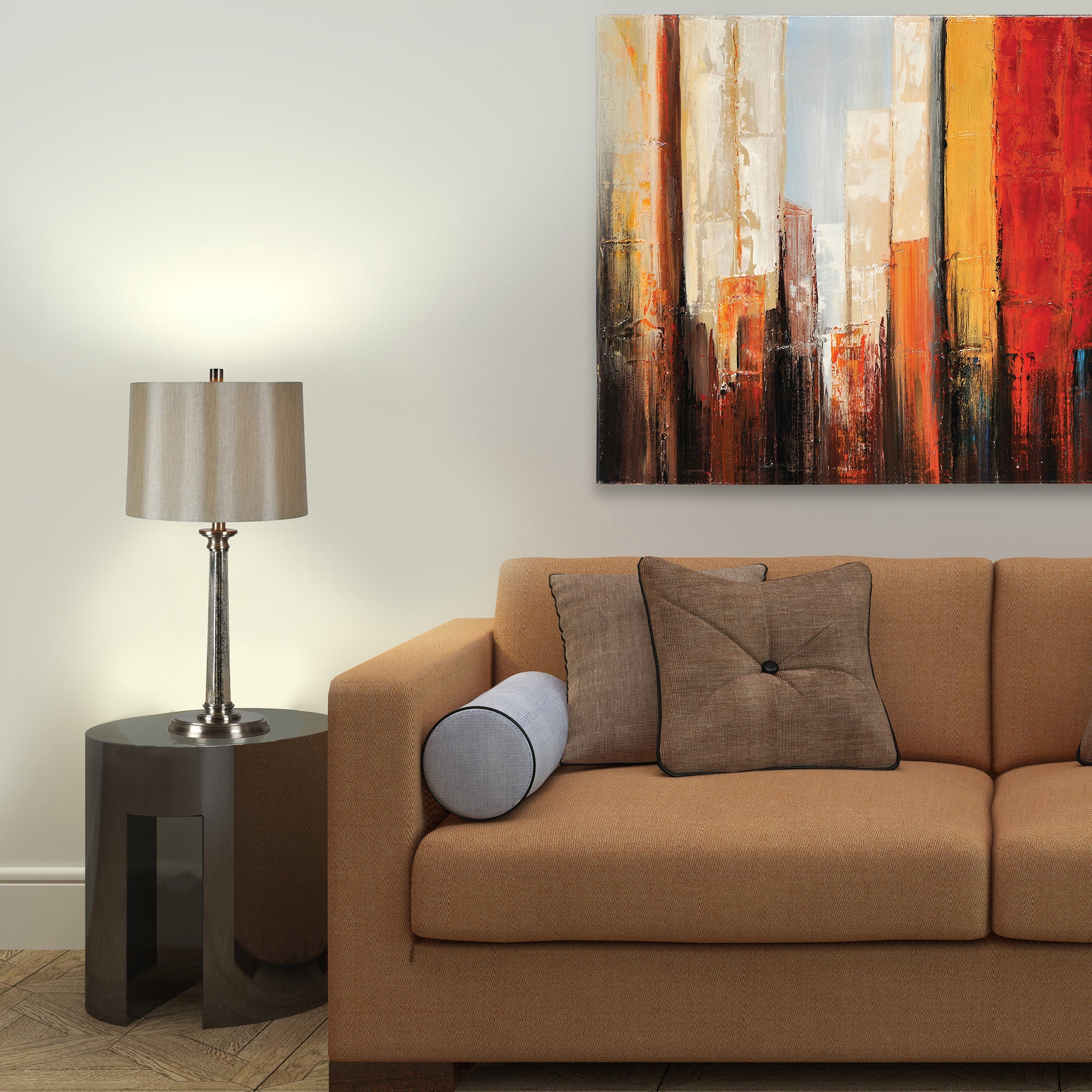 Brooks Set Of 2 Table Lamp beside a brown sofa, featuring a beige shade and metallic base.