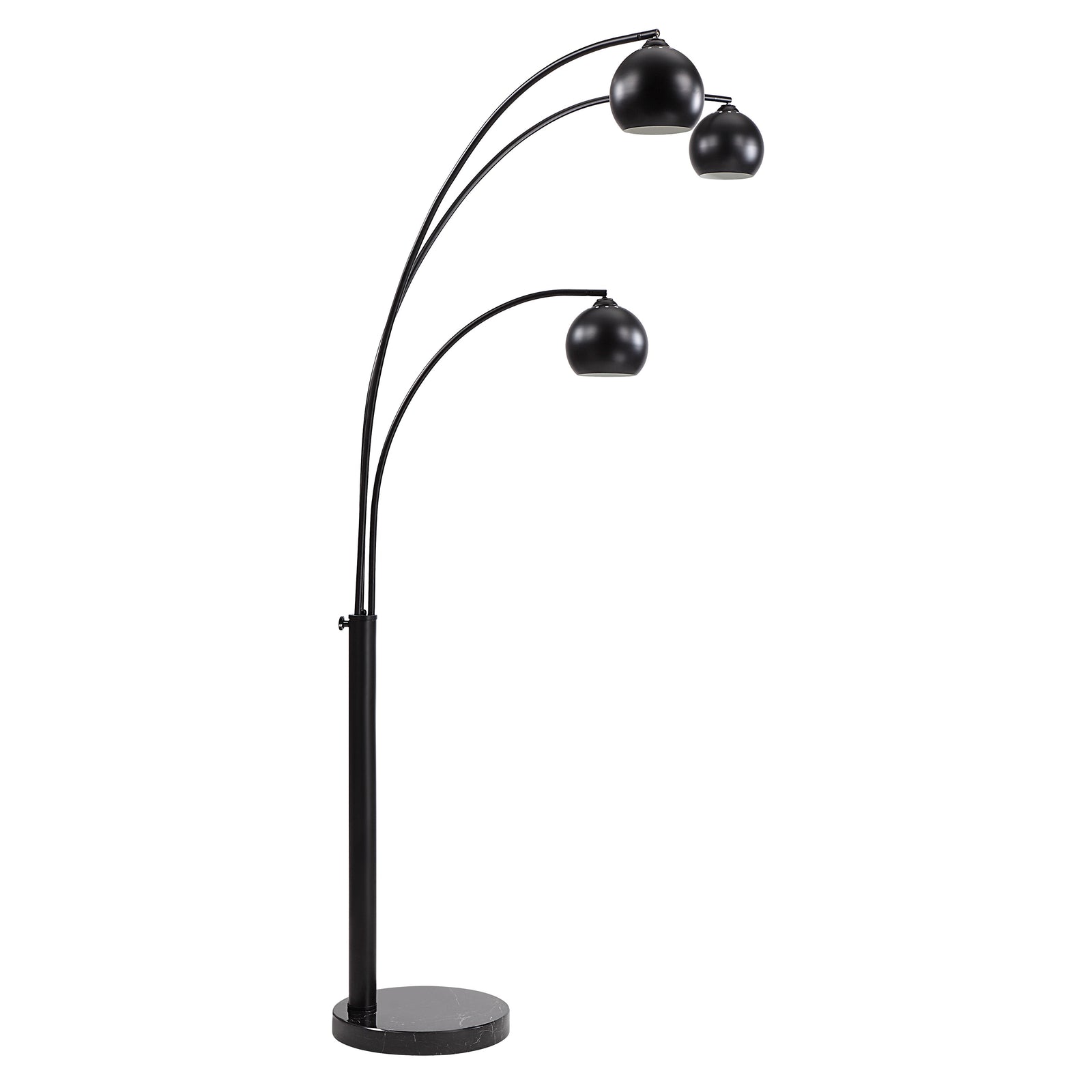 Folia Floor Lamp with three black spherical shades and a round marble base.