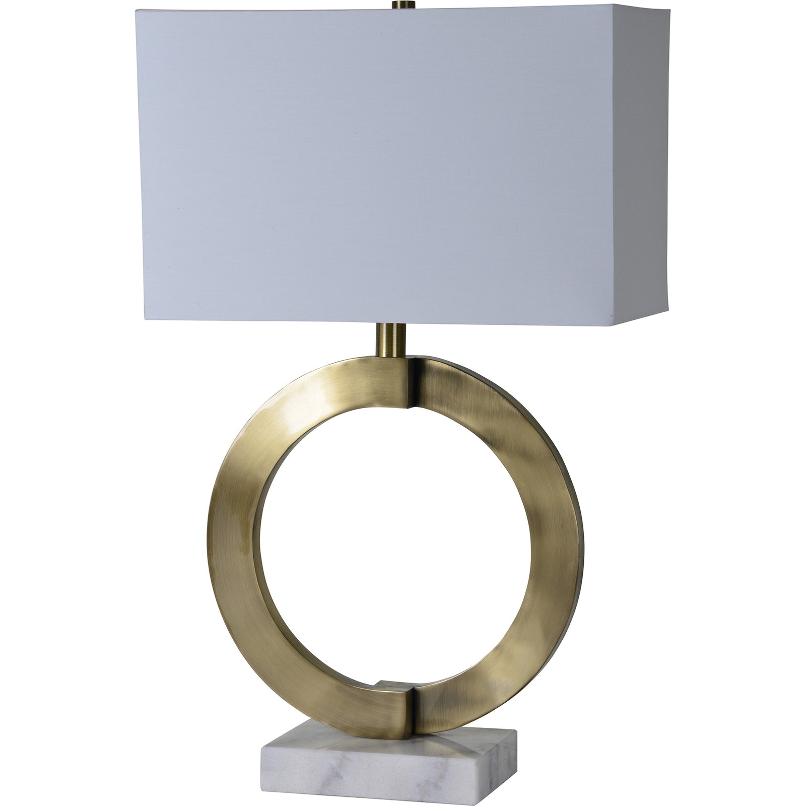 Skylar Table Lamp with a brass circular base and white rectangular shade.