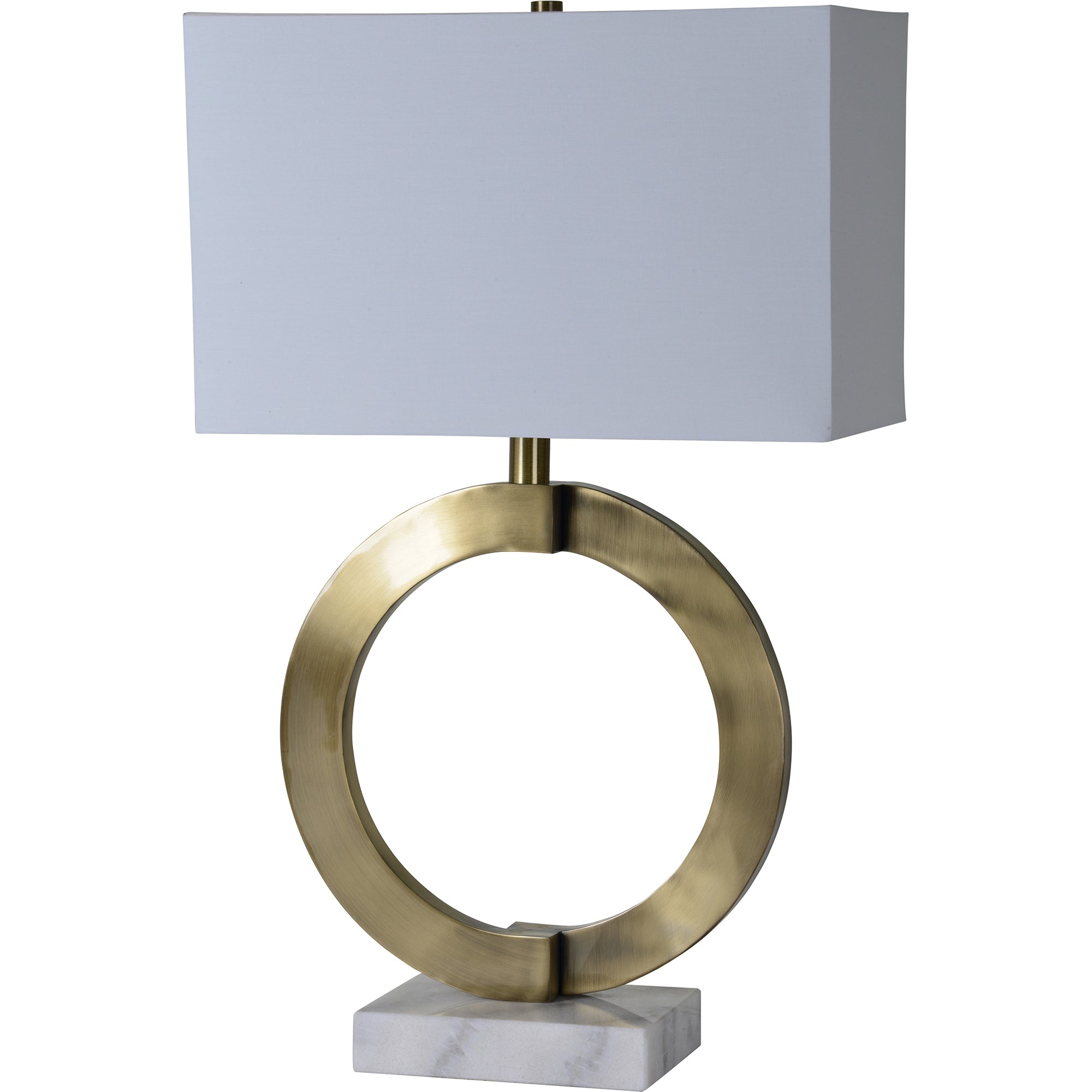Skylar Table Lamp featuring a brass ring design and a white fabric shade.