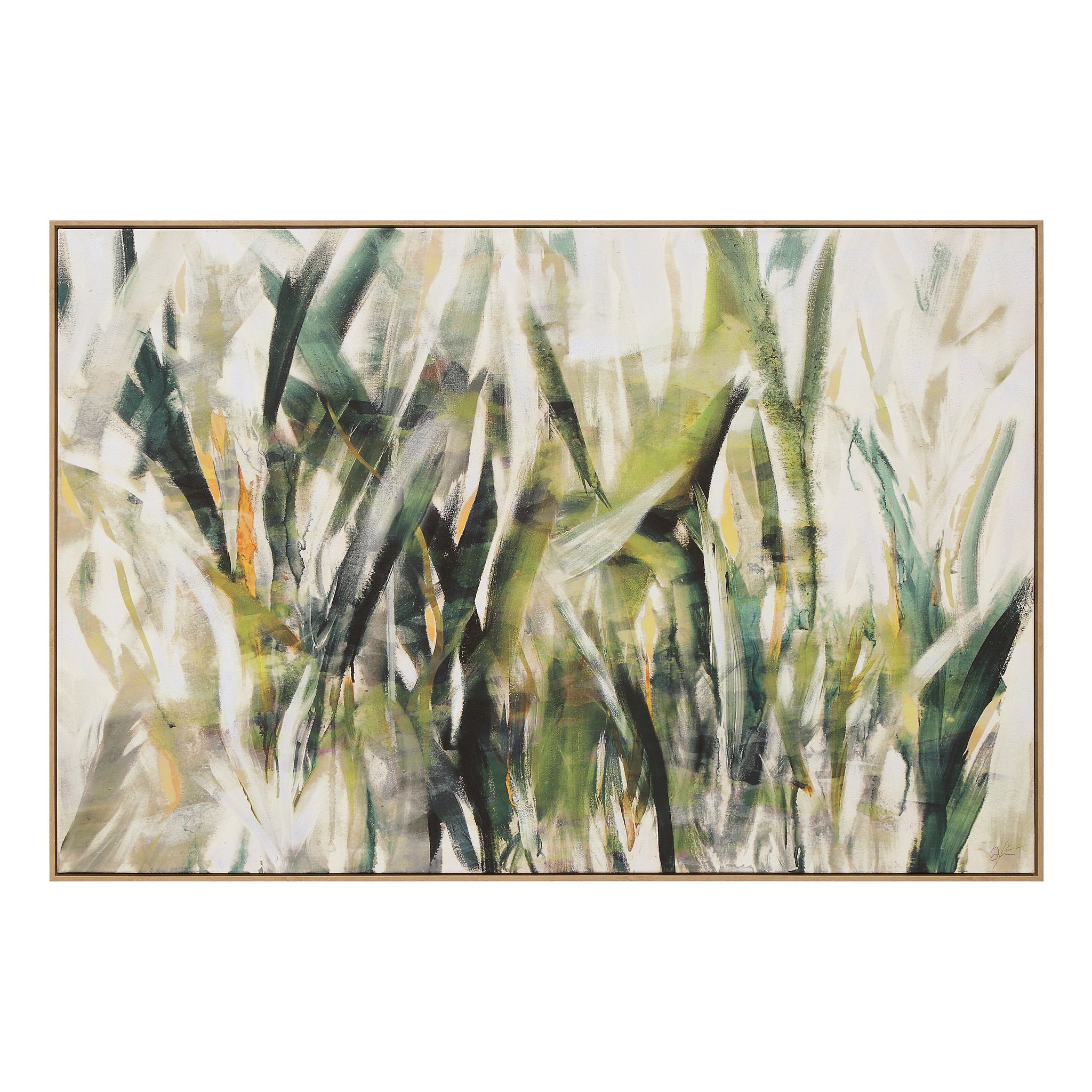 Minthe canvas art featuring abstract green and beige foliage design with gold frame