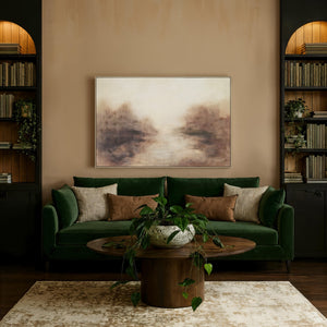 Onda canvas art displayed in a cozy living room setting with green sofa and plants
