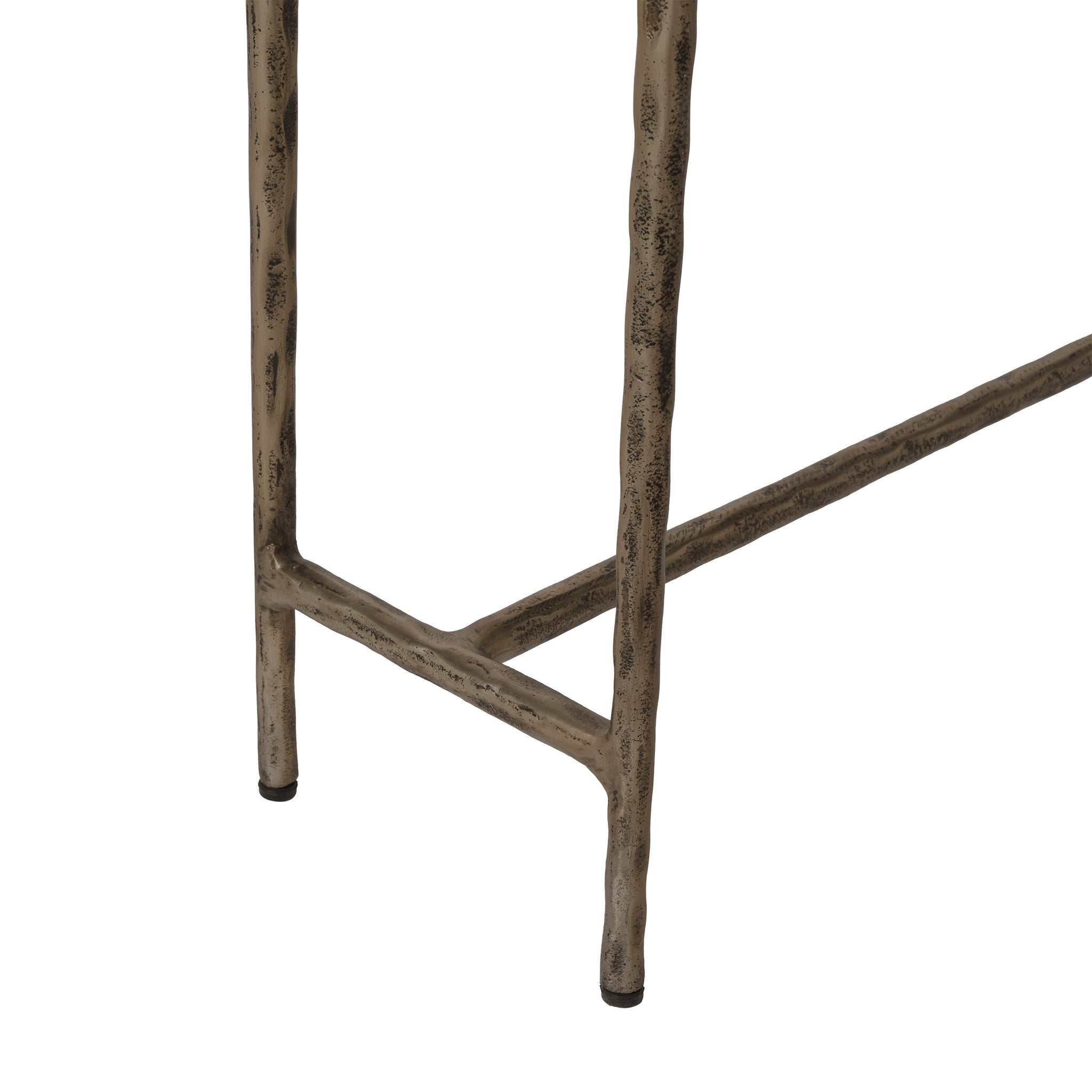 Close-up of Nara console table showing the textured silver metal legs.