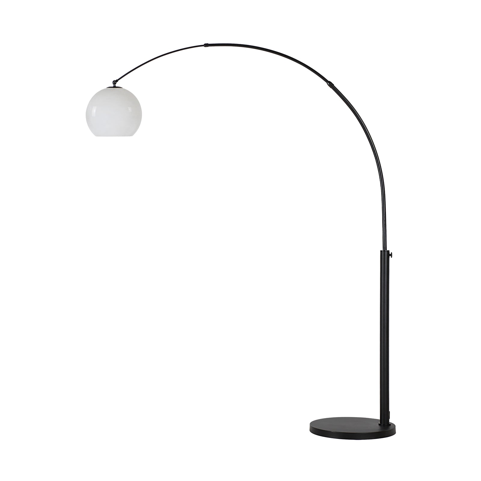 Pura Floor Lamp by Renwil, black metal base with white globe shade, arched design