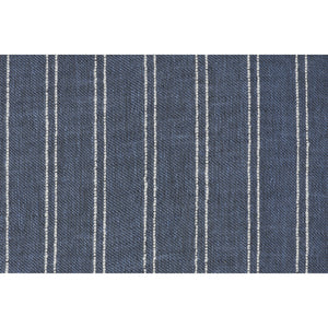 Close-up of Oakley Indoor Pillow fabric showing dark blue with white stripes.