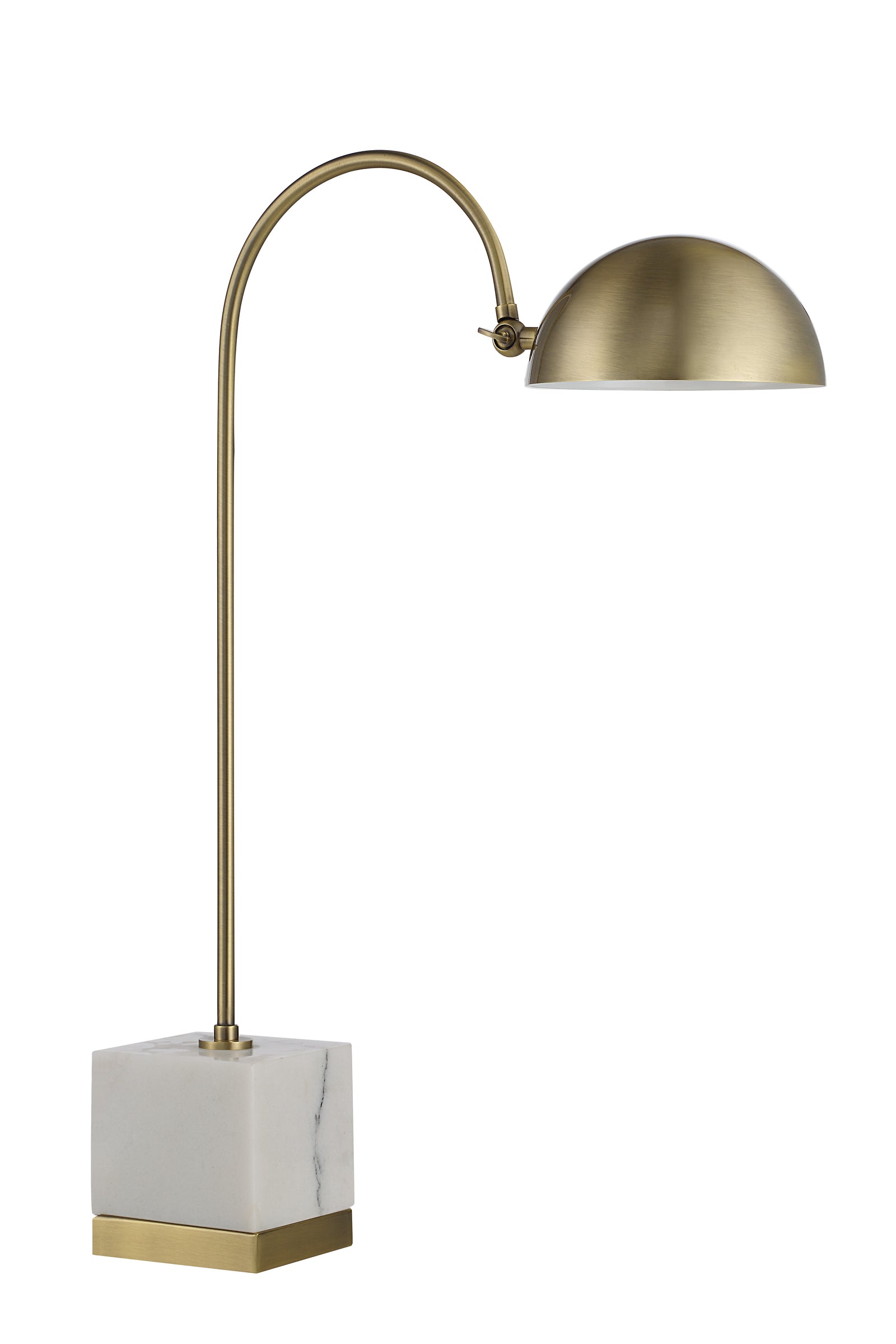 Volos Table Lamp with a curved brass arm and a marble base, featuring a dome-shaped brass shade.