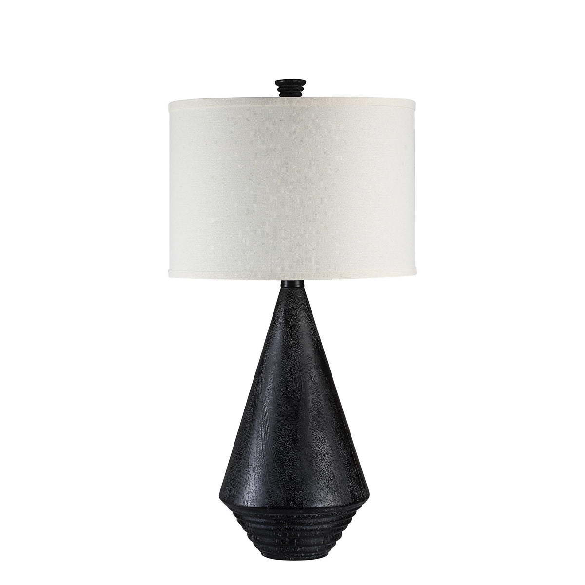 Tortora Table Lamp with a black textured base and white fabric shade, side view.