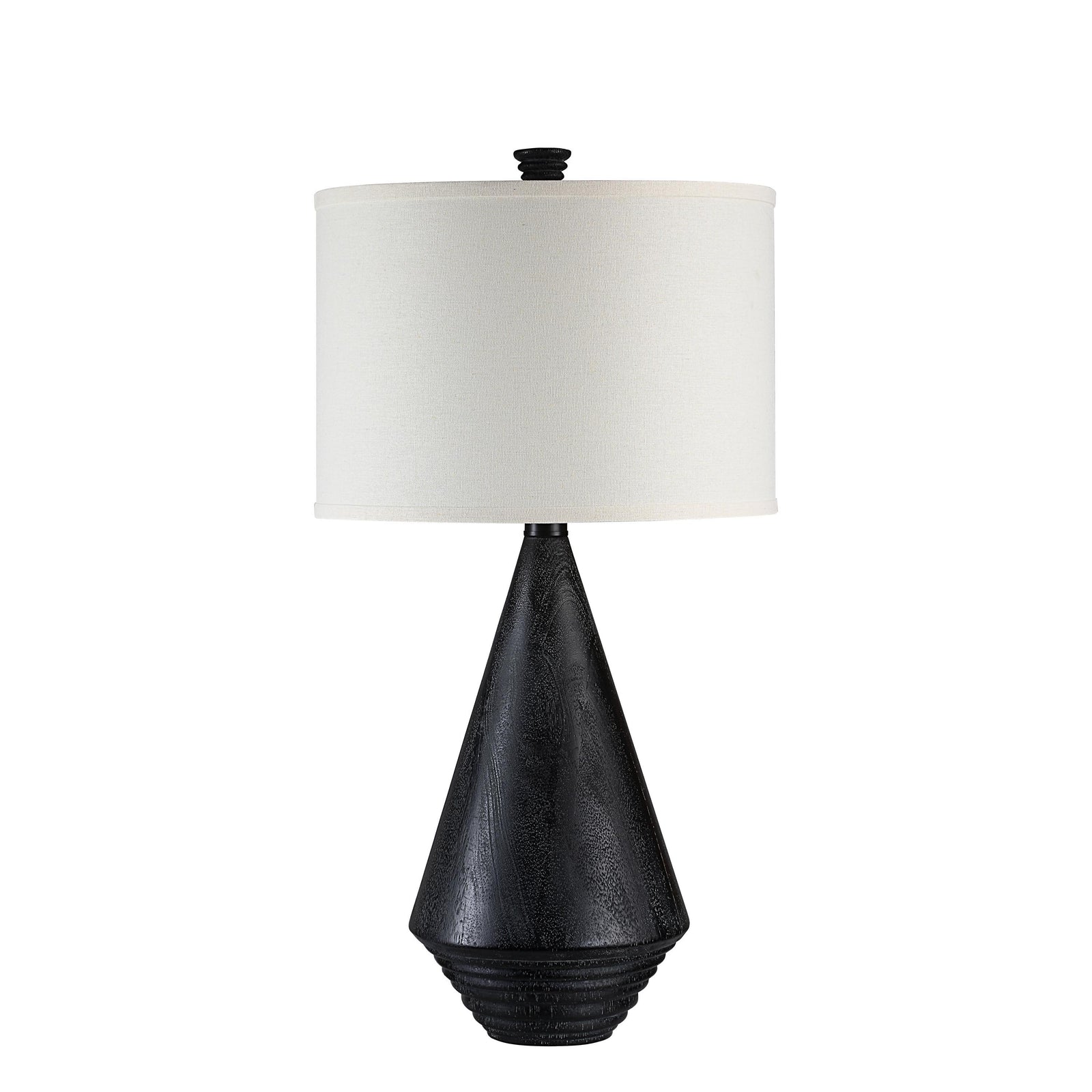 Tortora Table Lamp with a black textured base and white fabric shade, side view.