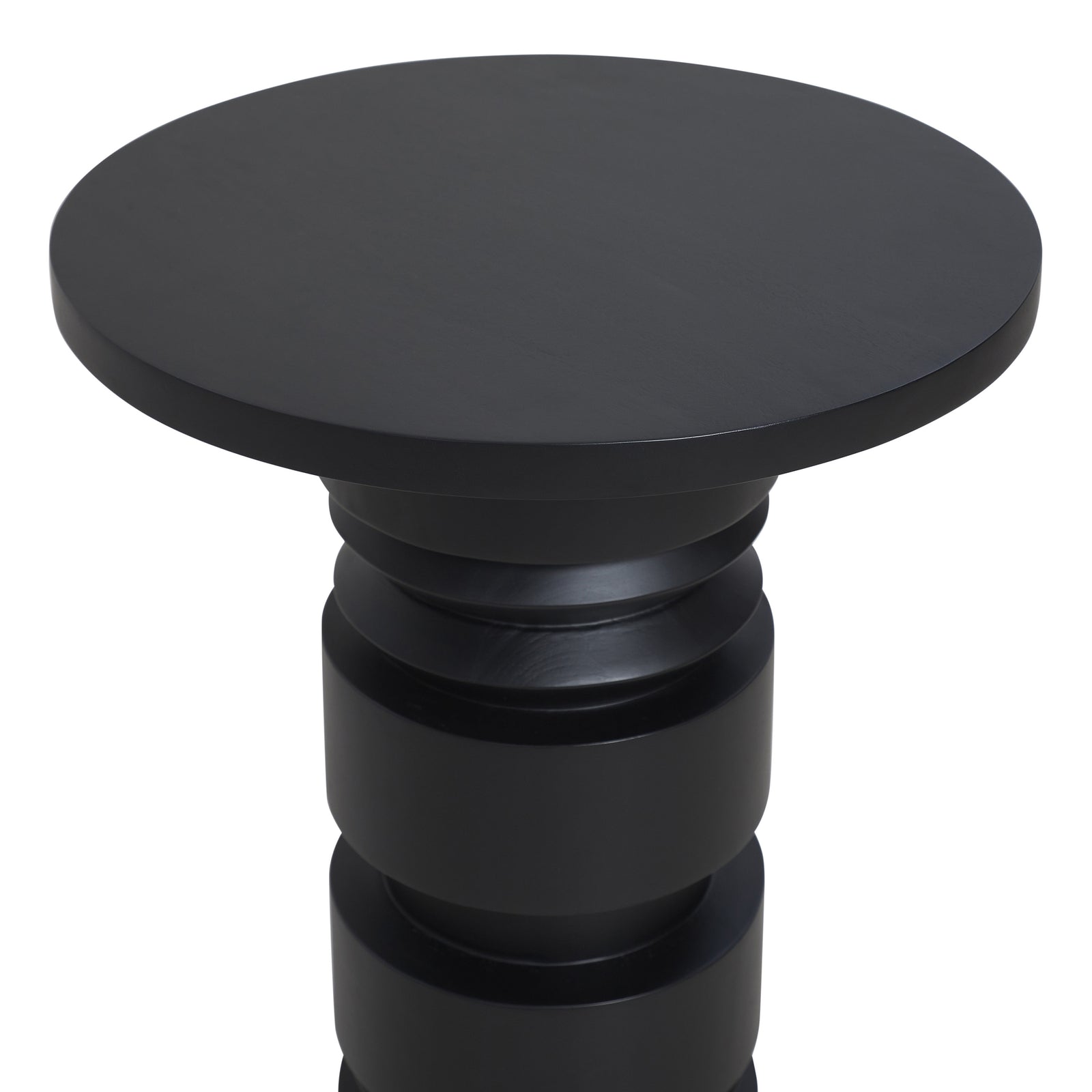 Talpa end table in black with a round top and sculptural base design.