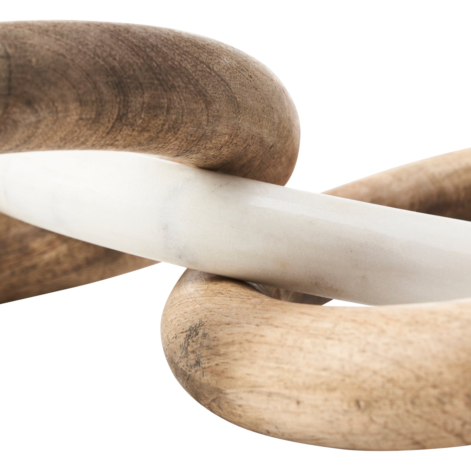 Lusine Decorative Object featuring three interlocking rings, two wooden and one white marble.