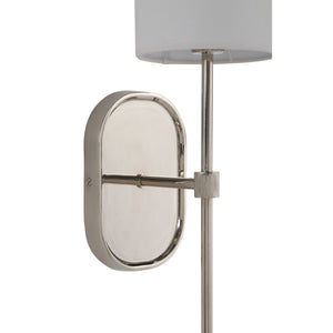 Close-up of Whitney wall sconce showing polished nickel details and white shade