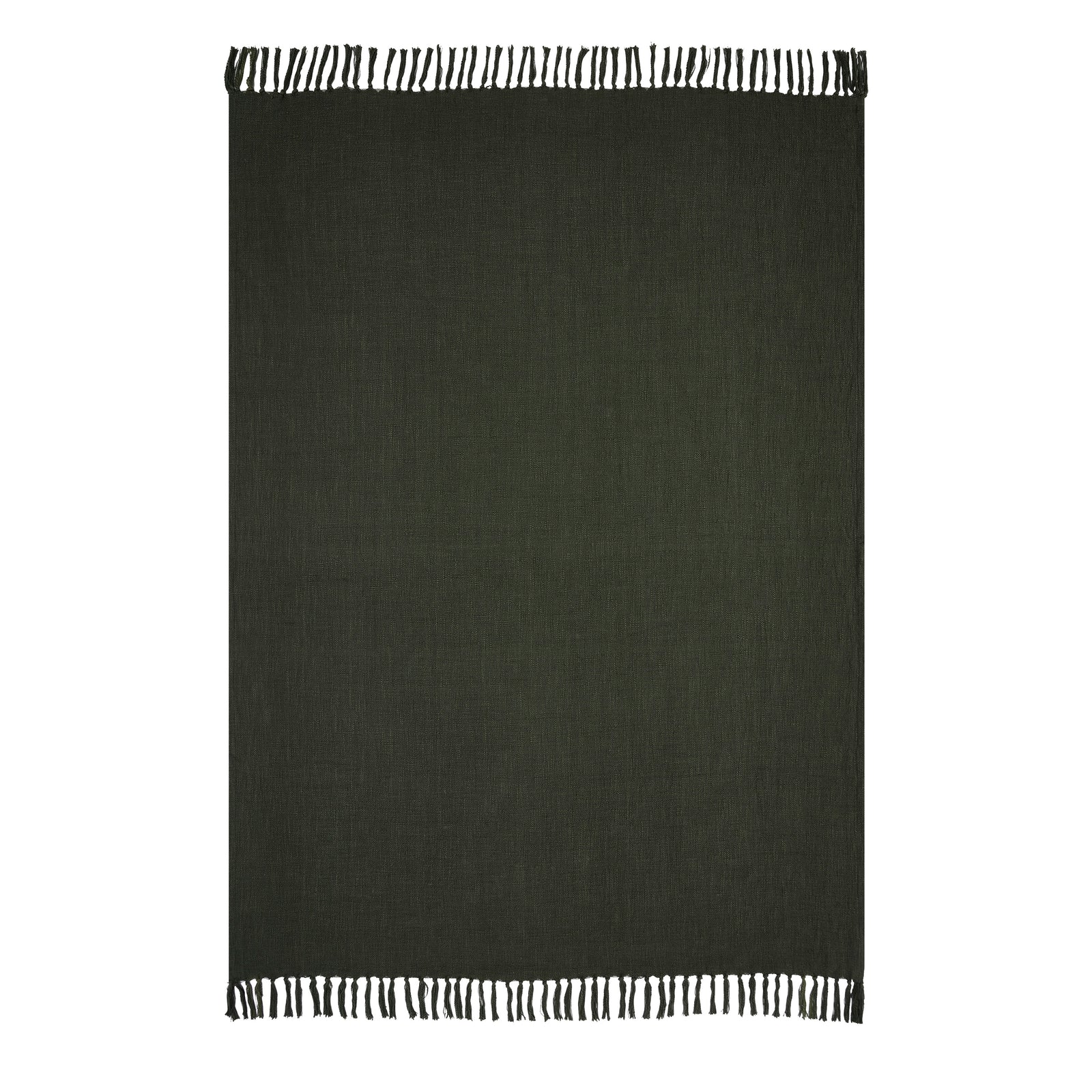 Chalamet Throw Blanket in dark green with fringed edges, flat view.