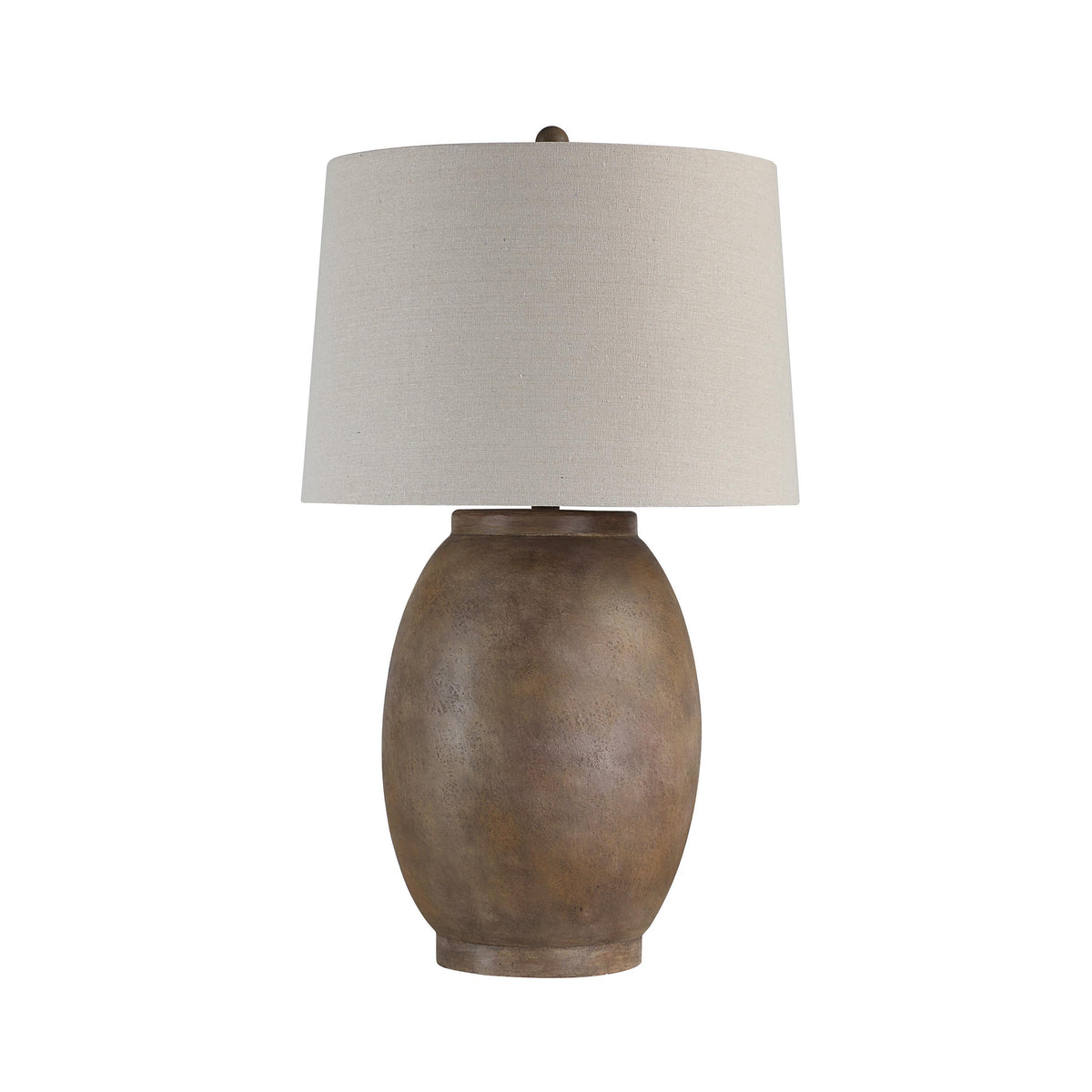 Naima Table Lamp with a beige fabric shade and a textured brown ceramic base