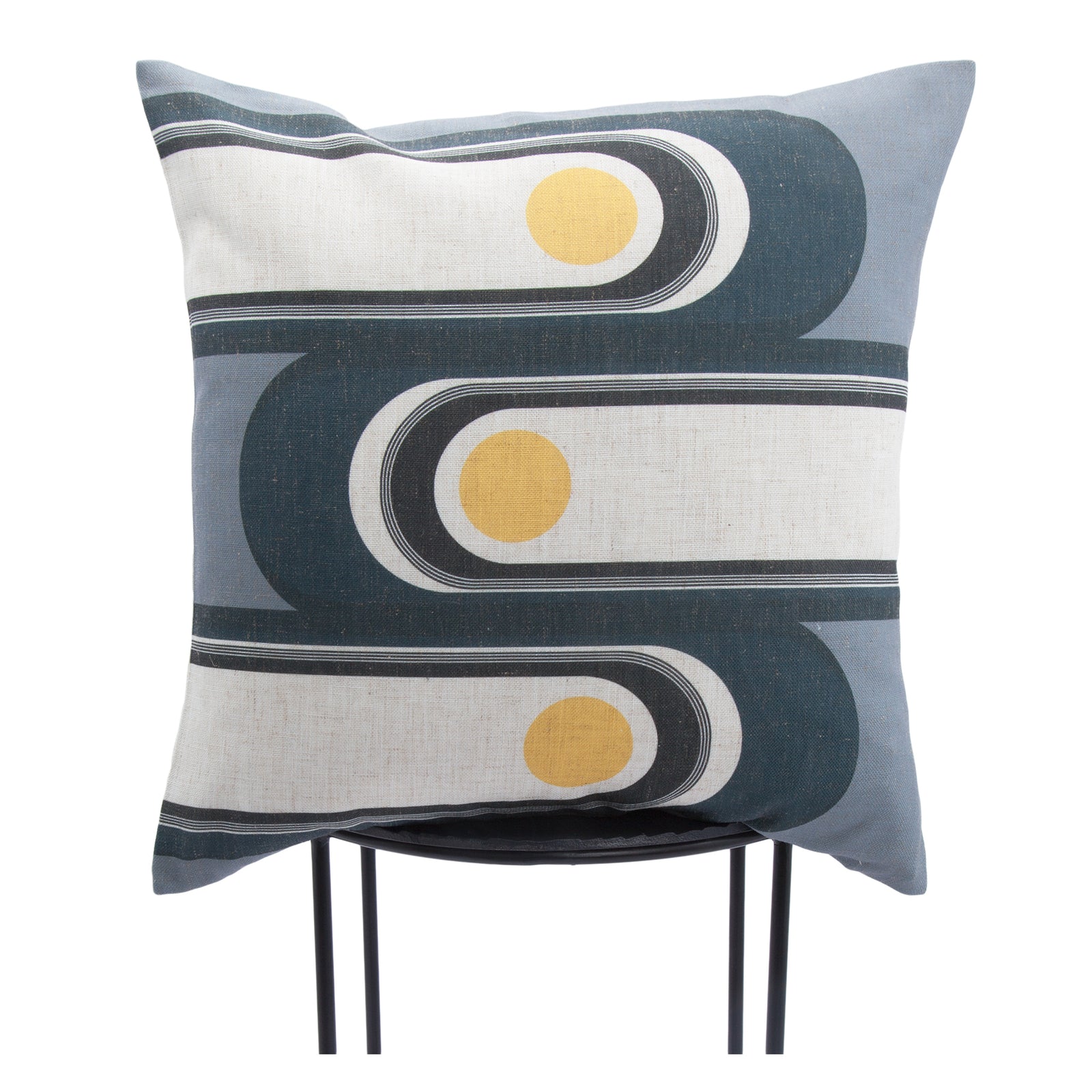 Fatima Indoor Pillow featuring abstract design with blue, yellow, and white colors.