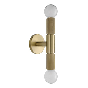 Tovi Wall Sconce featuring brass finish, two globes, and textured accents