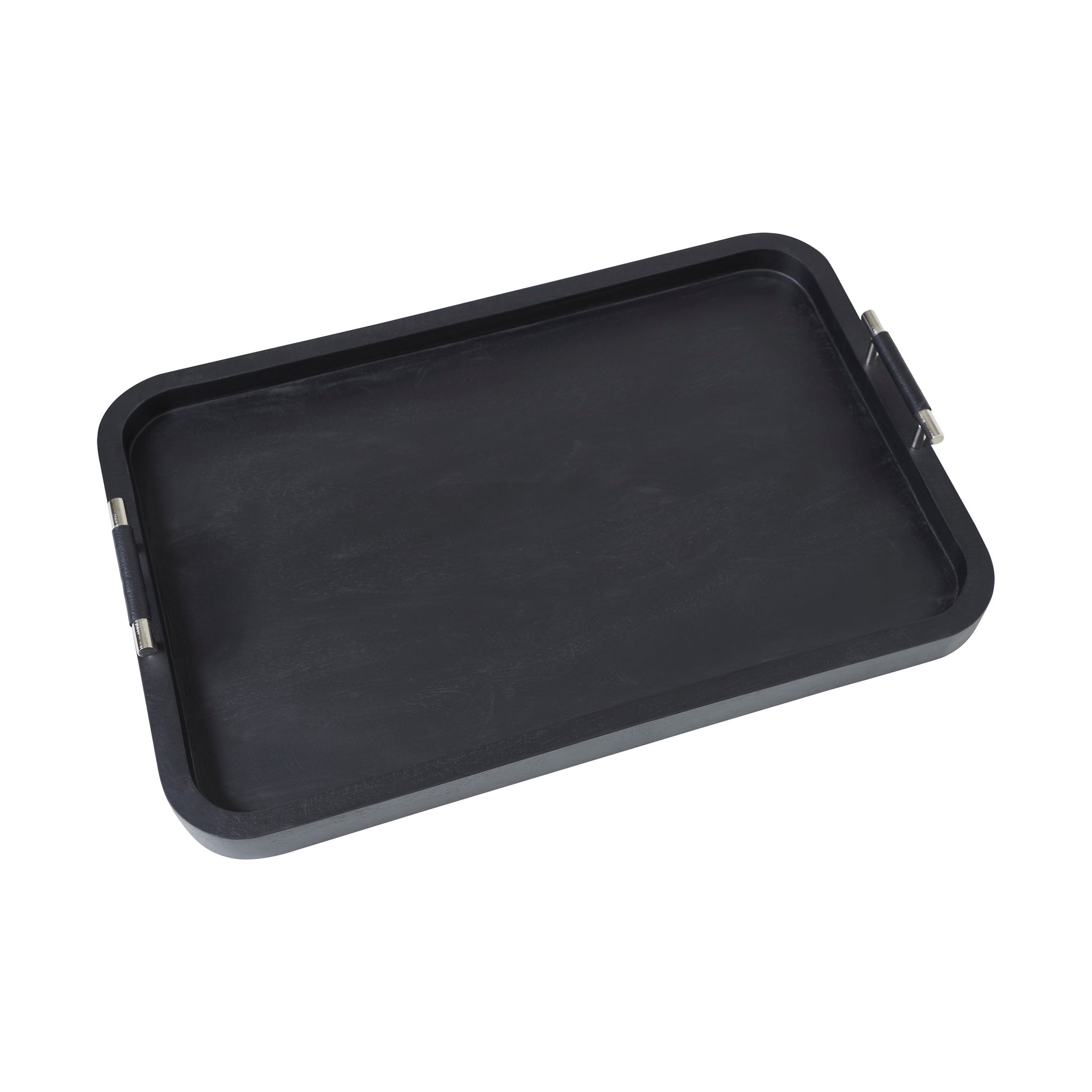 Hudson Tray by Renwil, black tray with raised edges and metal handles, angled view.