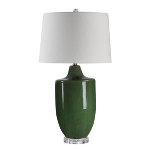 Pesca Table Lamp with green ceramic base and white fabric shade