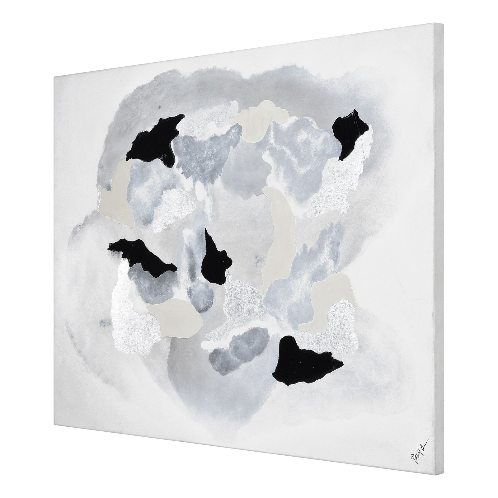 Alasia canvas art featuring abstract gray and black shapes on a light background.