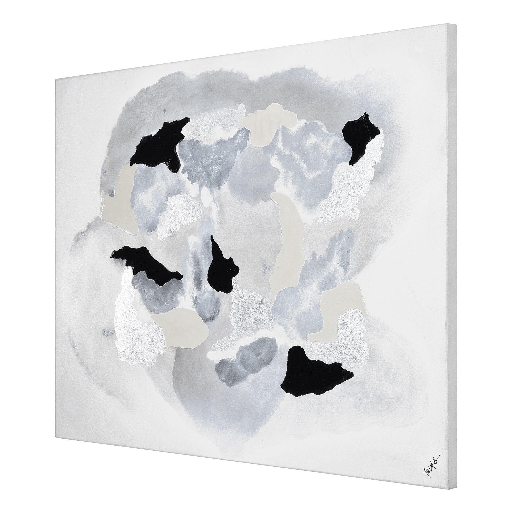 Alasia canvas art displayed at an angle, showcasing abstract gray and black patterns.
