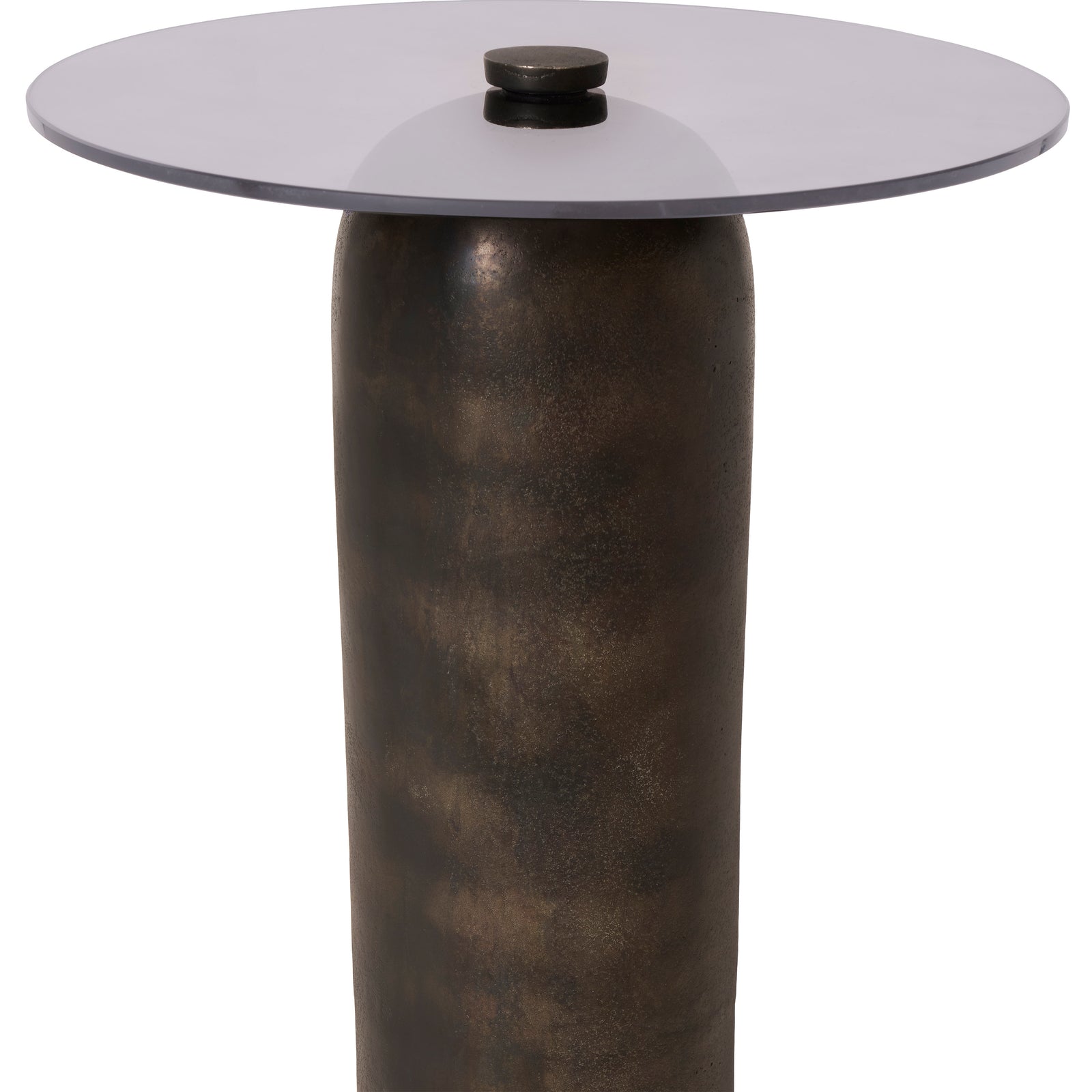 Arta accent table with a cylindrical dark bronze base and a round black glass top.